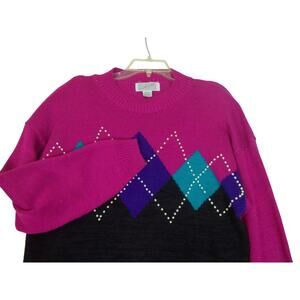 Vintage‎ 90s Y2K Sweater A Little Extra Size 20W Shoulder Pads Argyle Grandma